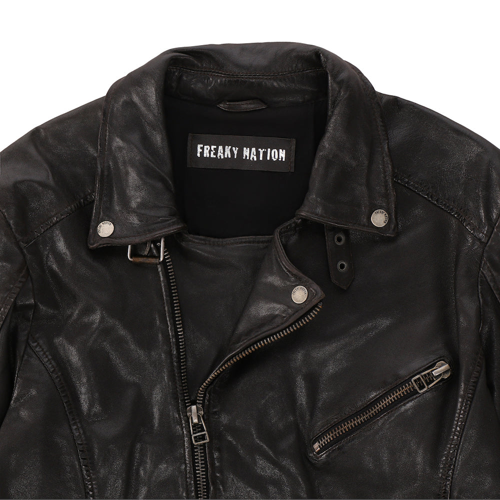 Black Leather Biker Jacket By Freaky Nation x Hammer & Smith
