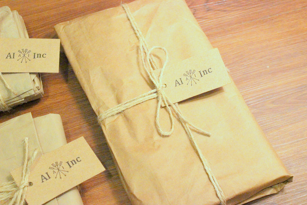 Packaging using locally sourced recycled craft paper.