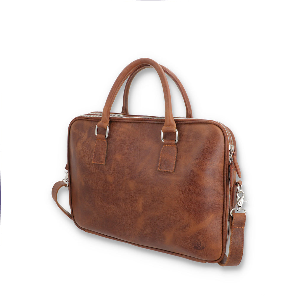 Norde Tan Milled Pull-up Leather Laptop Briefcase